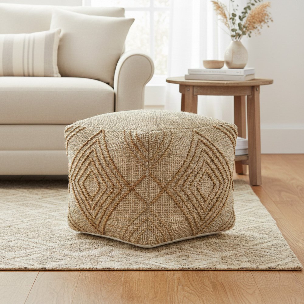 18" Natural Jute Blend Geometric Cube Pouf Ottoman HomeRoots