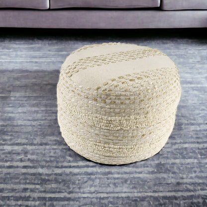 18" Ivory and Blue Cotton Blend Round Striped Pouf Ottoman