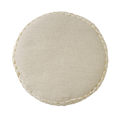 18" Ivory and Blue Cotton Blend Round Striped Pouf Ottoman