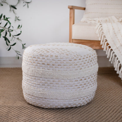 18" Ivory and Blue Cotton Blend Round Striped Pouf Ottoman