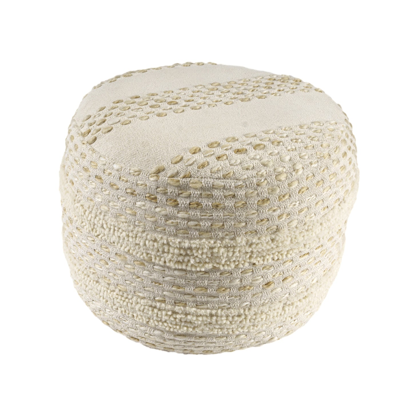 18" Ivory and Blue Cotton Blend Round Striped Pouf Ottoman