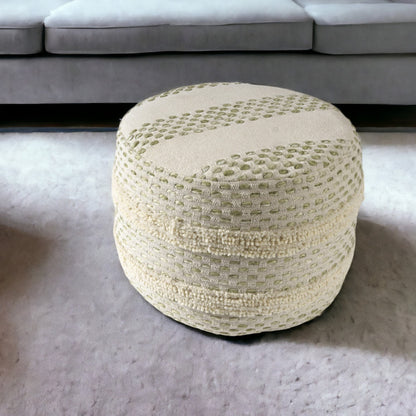 18" Ivory and Blue Cotton Blend Round Striped Pouf Ottoman