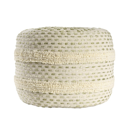 18" Ivory and Blue Cotton Blend Round Striped Pouf Ottoman