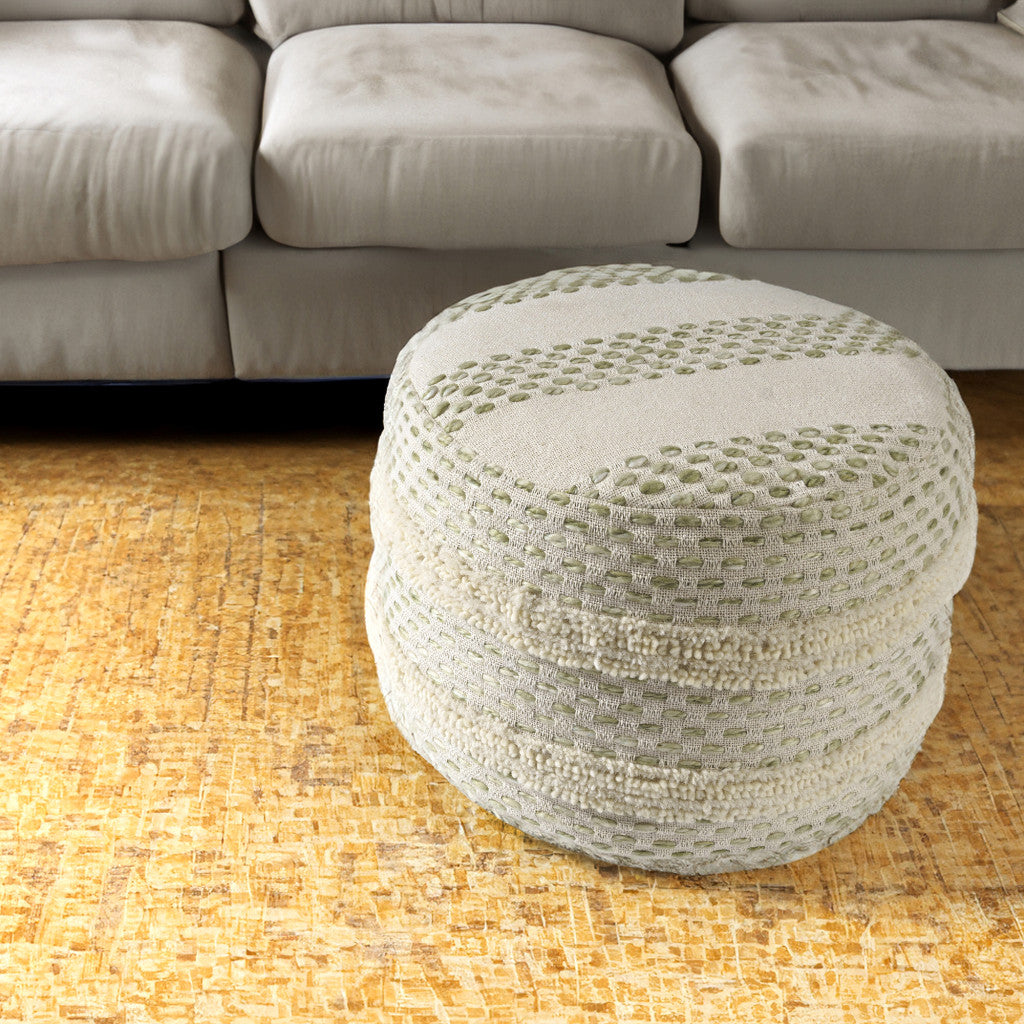 18" Ivory and Blue Cotton Blend Round Striped Pouf Ottoman