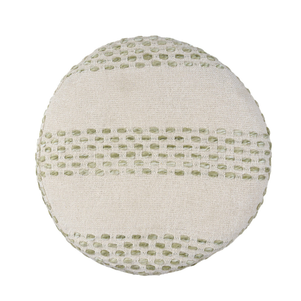 18" Ivory and Blue Cotton Blend Round Striped Pouf Ottoman