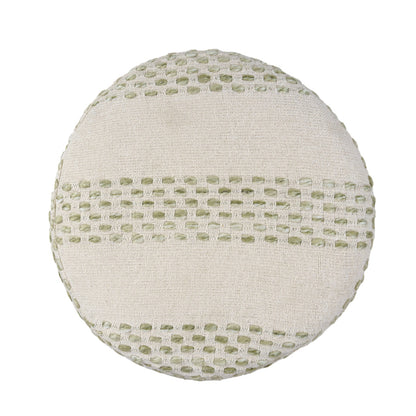 18" Ivory and Blue Cotton Blend Round Striped Pouf Ottoman