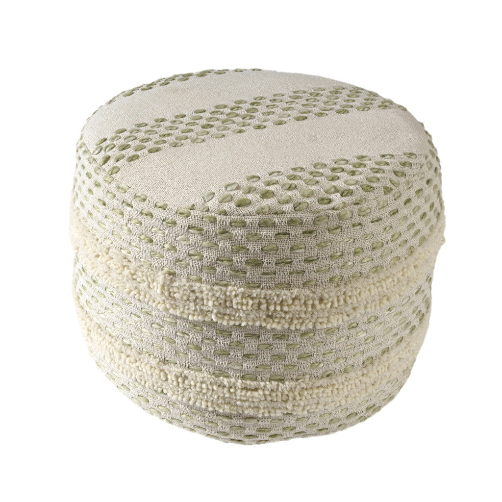 18" Ivory and Blue Cotton Blend Round Striped Pouf Ottoman