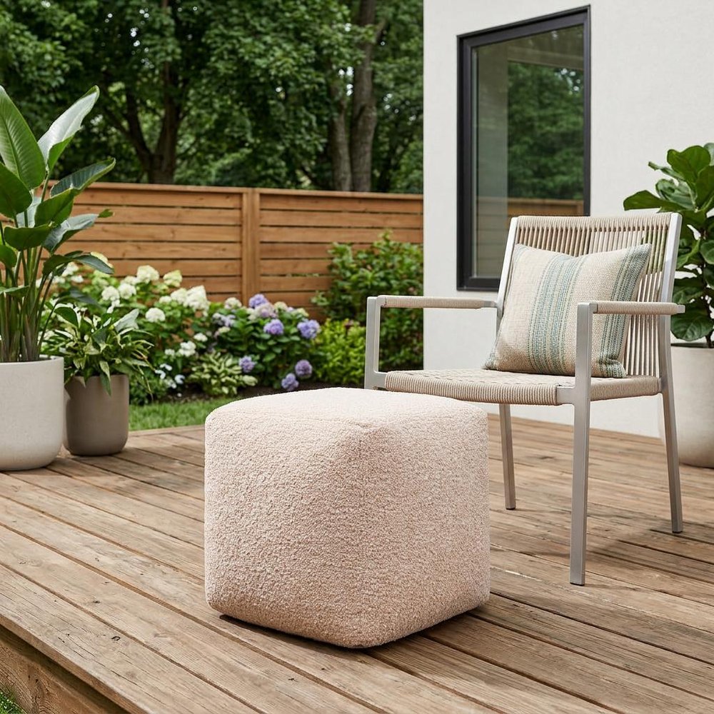 18" Beige Polyester Cube Outdoor Pouf Ottoman HomeRoots