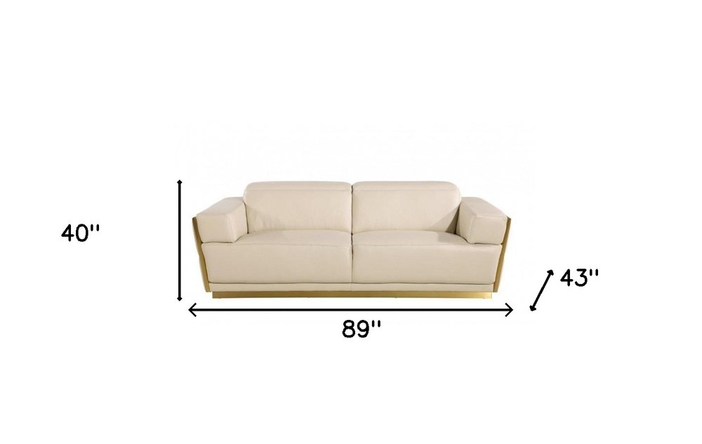 89" Beige And Gold Leather Sofa HomeRoots