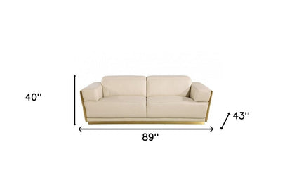 89" Beige And Gold Leather Sofa HomeRoots
