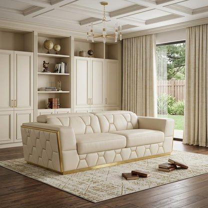 89" Beige And Gold Leather Sofa HomeRoots