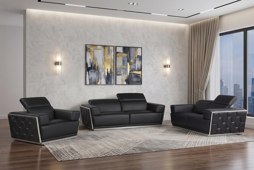 Three Piece Black Italian Leather Six Person Seating Set — view 12