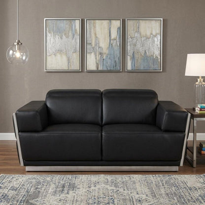 70" Black And Silver Italian Leather Loveseat HomeRoots