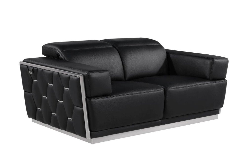 70" Black And Silver Italian Leather Loveseat HomeRoots