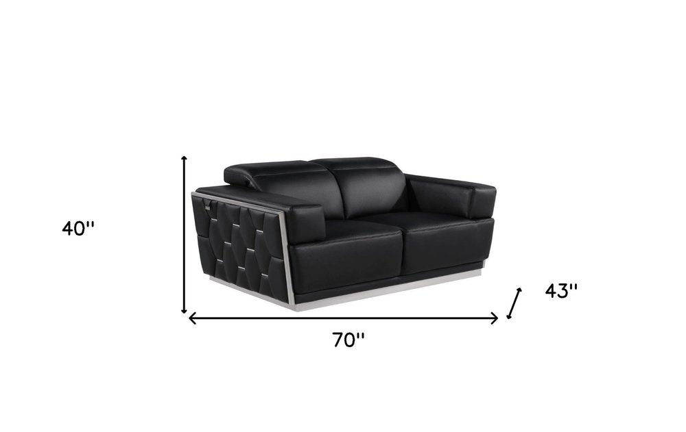 70" Black And Silver Italian Leather Loveseat HomeRoots