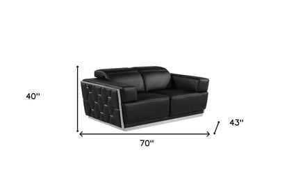 70" Black And Silver Italian Leather Loveseat HomeRoots