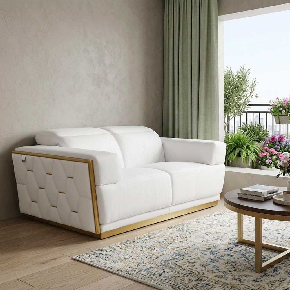70" White And Silver Italian Leather Loveseat HomeRoots