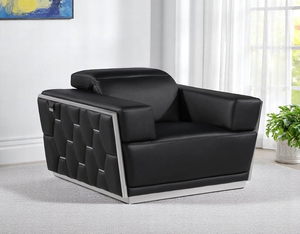 47" Black and Silver Italian Leather Club Chair HomeRoots