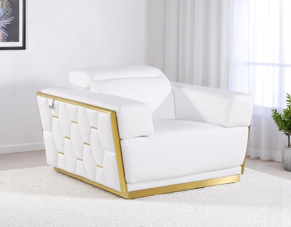 47" White and Gold Italian Leather Club Chair HomeRoots