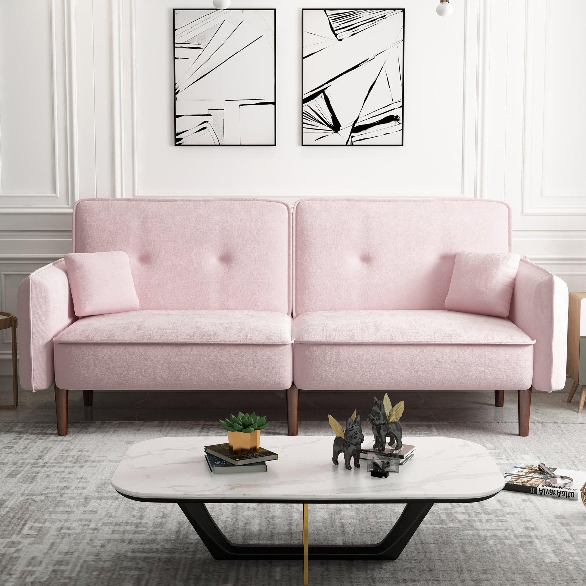 Convertible Sofa Bed with Wood Legs in Velvet(Pink) - FurniFindUSA