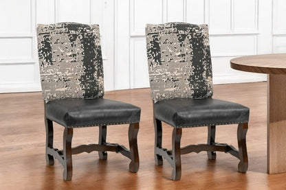 Set of Two Black Gray And Dark Brown Solid Wood Upholstered Chenille And Leather Dining Side Chairs HomeRoots
