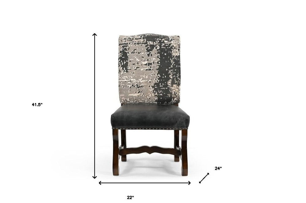 Set of Two Black Gray And Dark Brown Solid Wood Upholstered Chenille And Leather Dining Side Chairs HomeRoots