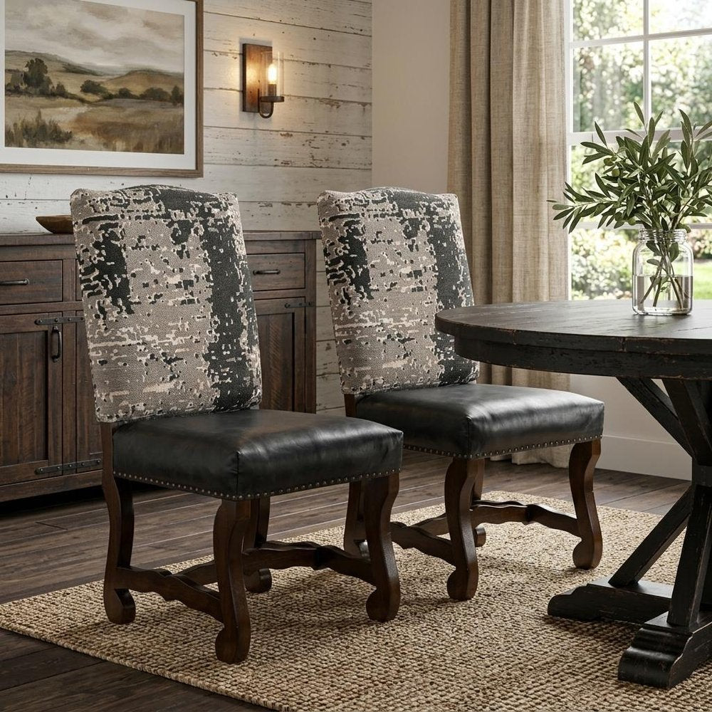 Set of Two Black Gray And Dark Brown Solid Wood Upholstered Chenille And Leather Dining Side Chairs HomeRoots