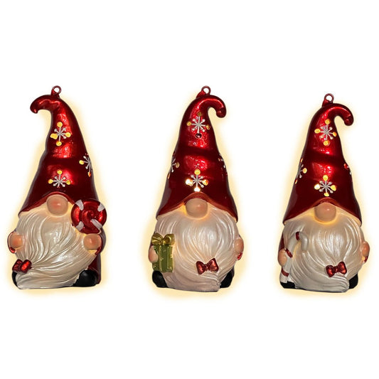Set of Three Red and White Santa Gnome LED Light Up Christmas Ornaments HomeRoots