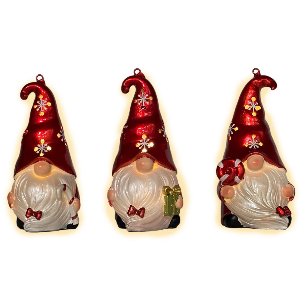 Set of Three Red and White Santa Gnome LED Light Up Christmas Ornaments HomeRoots