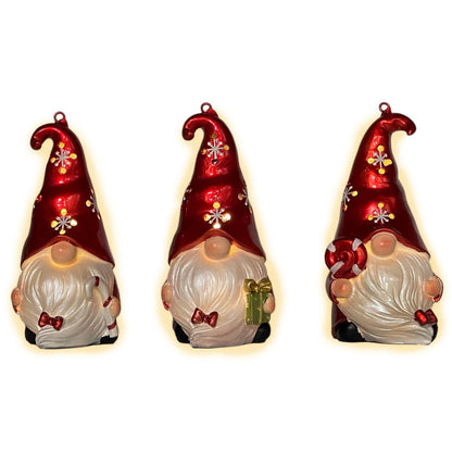 Set of Three Red and White Santa Gnome LED Light Up Christmas Ornaments HomeRoots