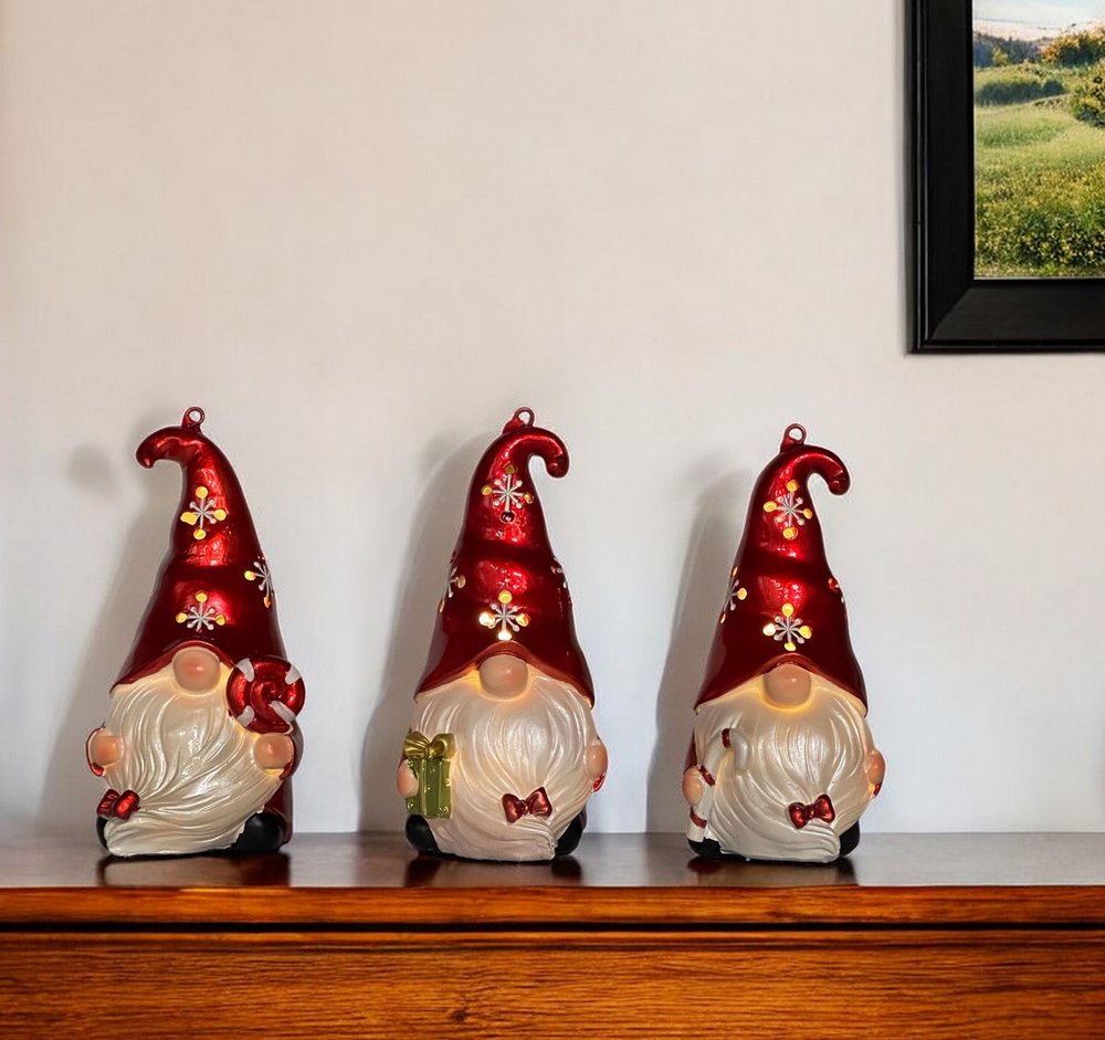Set of Three Red and White Santa Gnome LED Light Up Christmas Ornaments HomeRoots