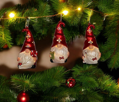 Set of Three Red and White Santa Gnome LED Light Up Christmas Ornaments HomeRoots