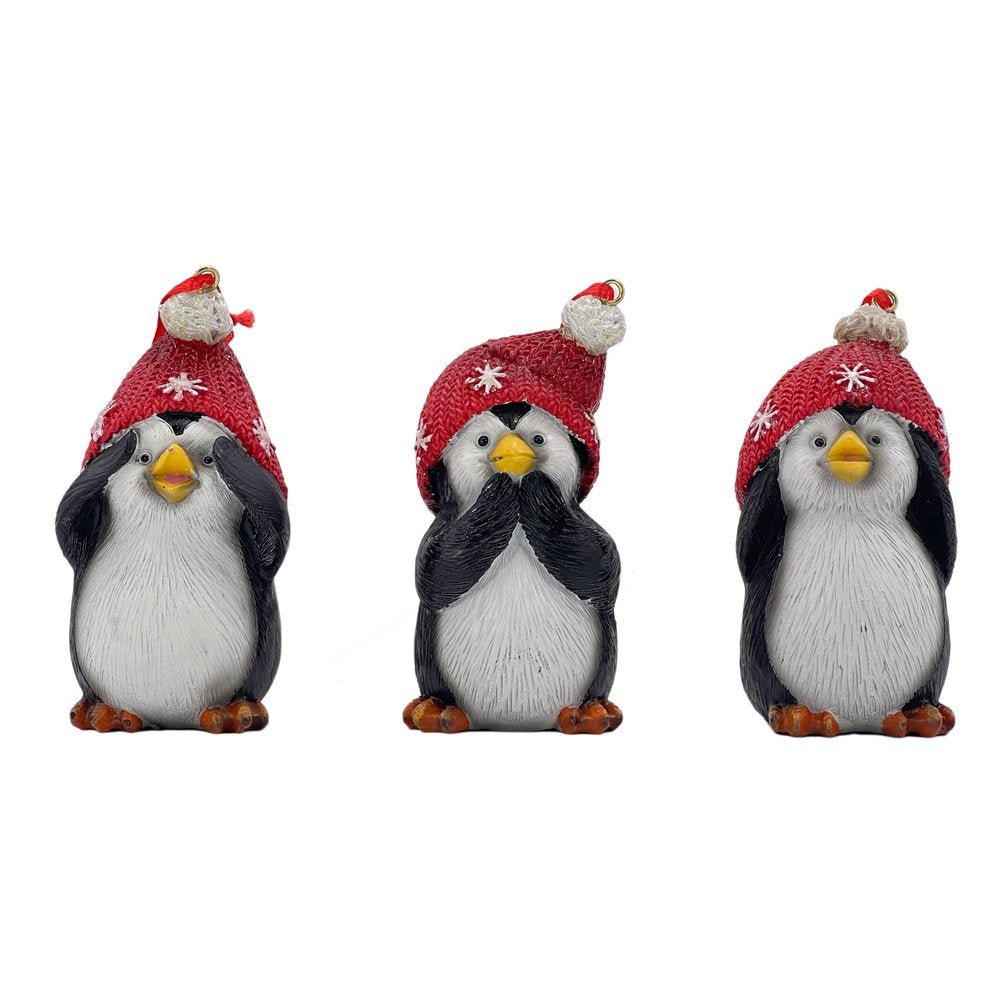 Set of Three Black White And Red Resin Penguin Christmas Reindeer Figurine HomeRoots