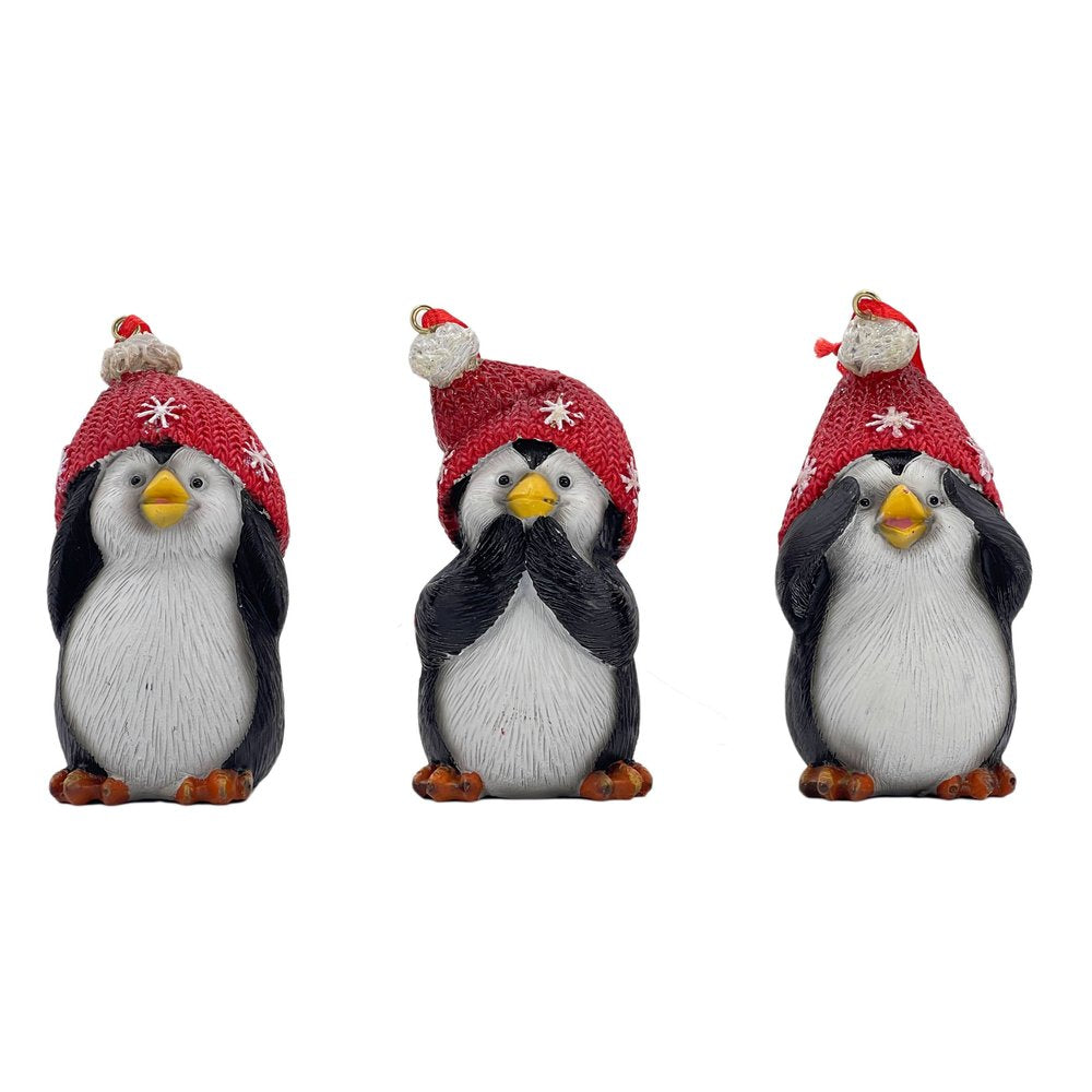 Set of Three Black White And Red Resin Penguin Christmas Reindeer Figurine HomeRoots