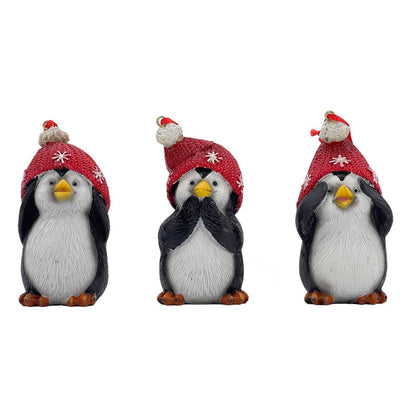 Set of Three Black White And Red Resin Penguin Christmas Reindeer Figurine HomeRoots