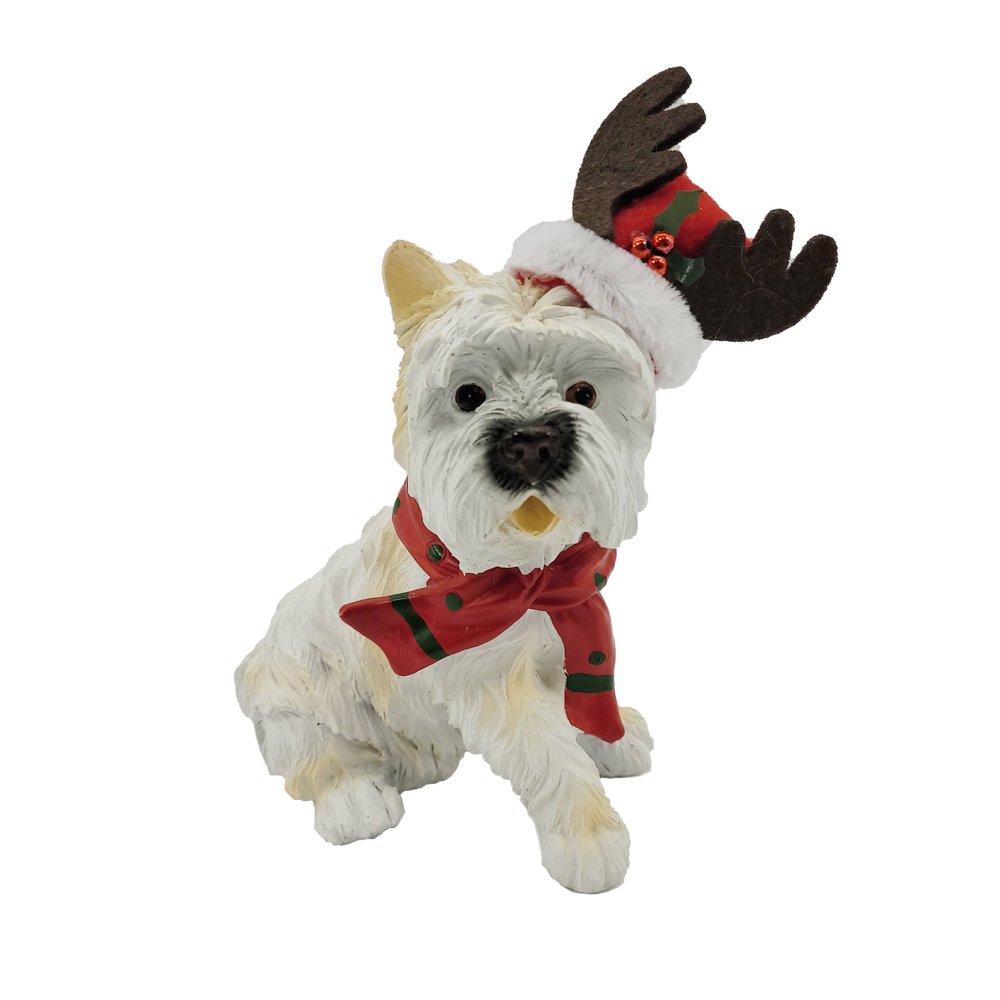 7" White Red And Brown Resin Dog Christmas Reindeer Figurine HomeRoots
