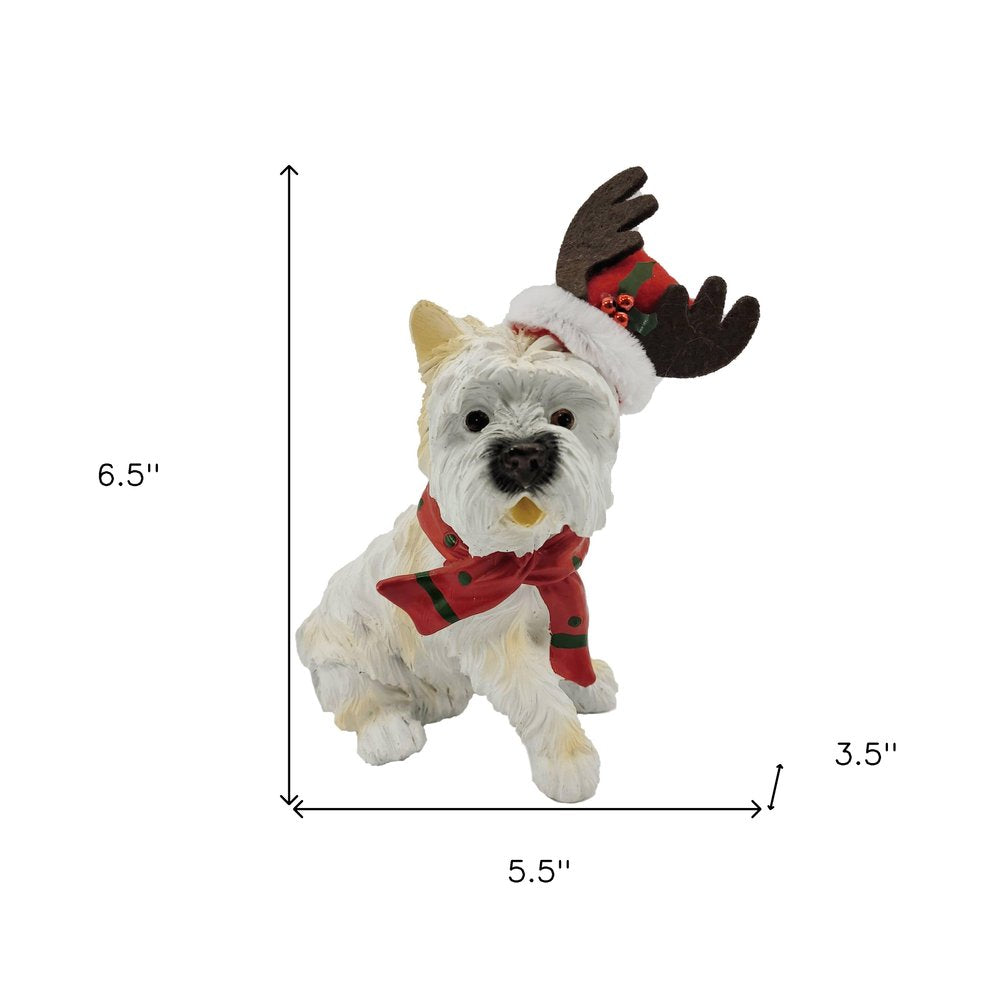 7" White Red And Brown Resin Dog Christmas Reindeer Figurine HomeRoots