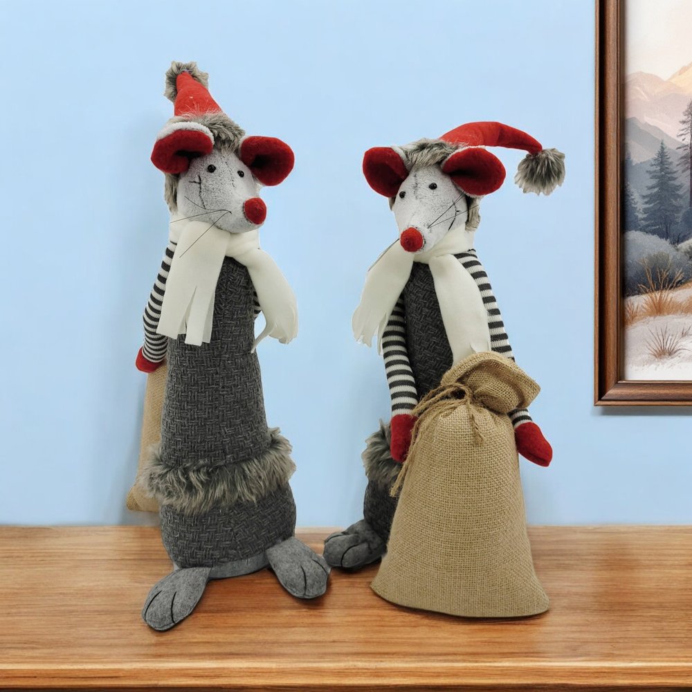 Set of Two Gray Brown And Red Fabric Rodent Christmas Santa and Mrs. Claus Figurine HomeRoots