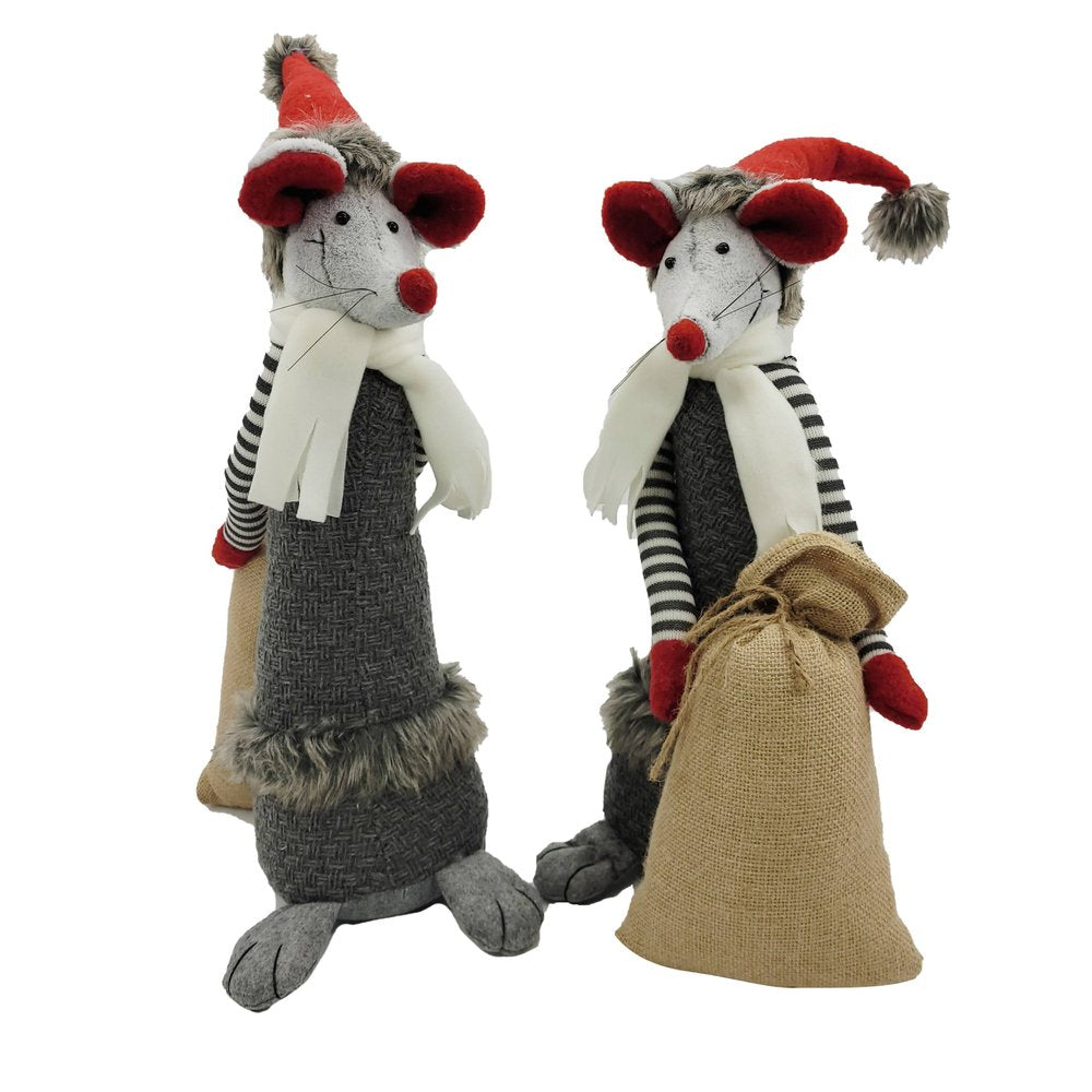 Set of Two Gray Brown And Red Fabric Rodent Christmas Santa and Mrs. Claus Figurine HomeRoots
