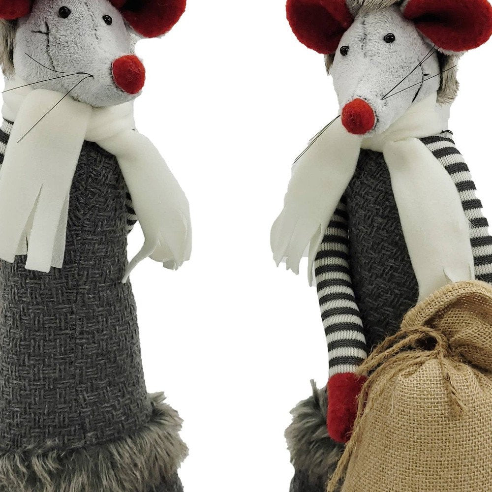 Set of Two Gray Brown And Red Fabric Rodent Christmas Santa and Mrs. Claus Figurine HomeRoots