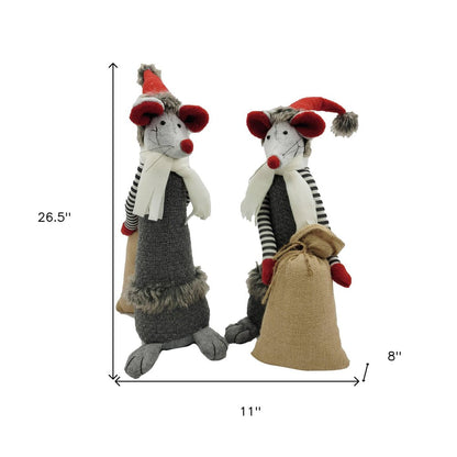 Set of Two Gray Brown And Red Fabric Rodent Christmas Santa and Mrs. Claus Figurine HomeRoots