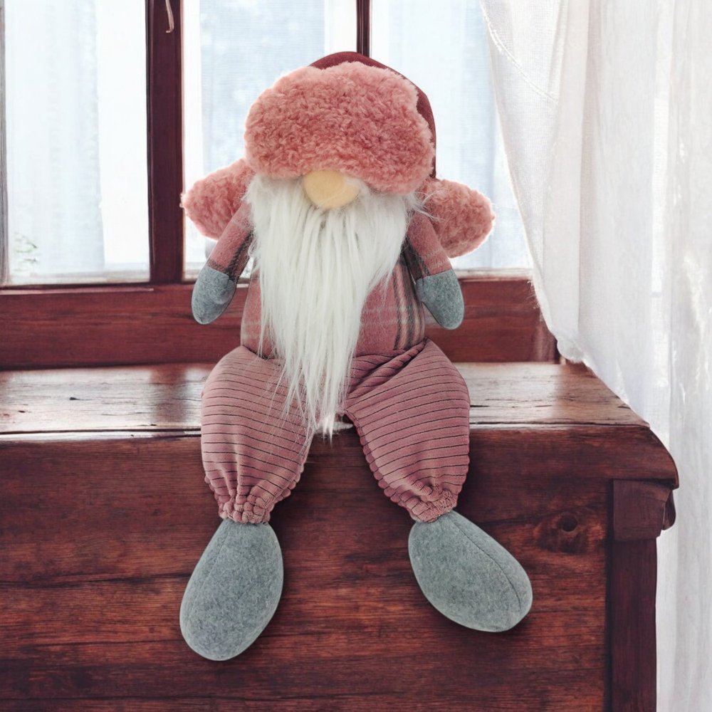 18" Pink Gray And White Fabric Standing Gnome HomeRoots