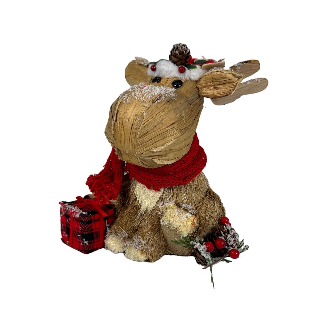 10" Brown Red And Green Straw Reindeer Christmas Reindeer Figurine HomeRoots