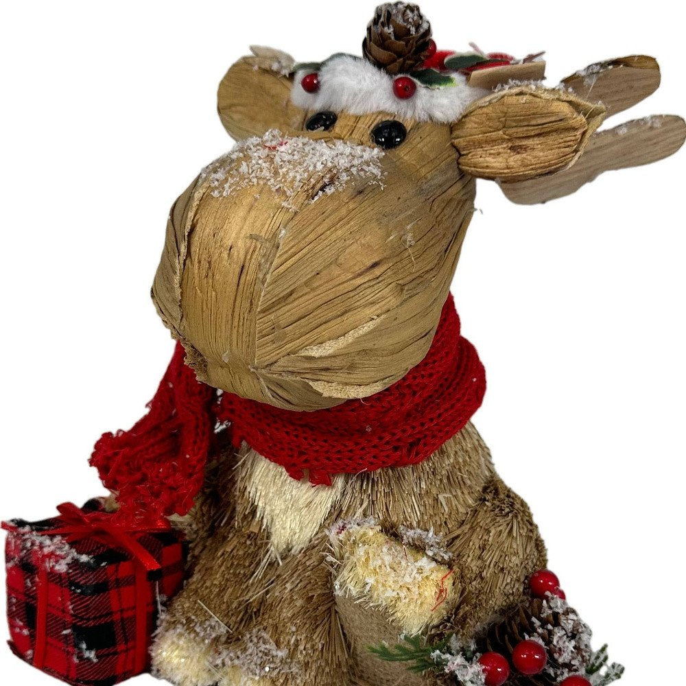 10" Brown Red And Green Straw Reindeer Christmas Reindeer Figurine HomeRoots