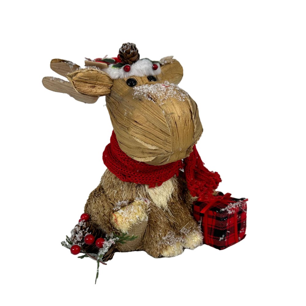 10" Brown Red And Green Straw Reindeer Christmas Reindeer Figurine HomeRoots