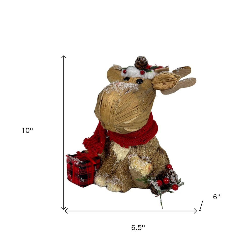 10" Brown Red And Green Straw Reindeer Christmas Reindeer Figurine HomeRoots