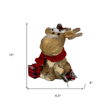 10" Brown Red And Green Straw Reindeer Christmas Reindeer Figurine HomeRoots