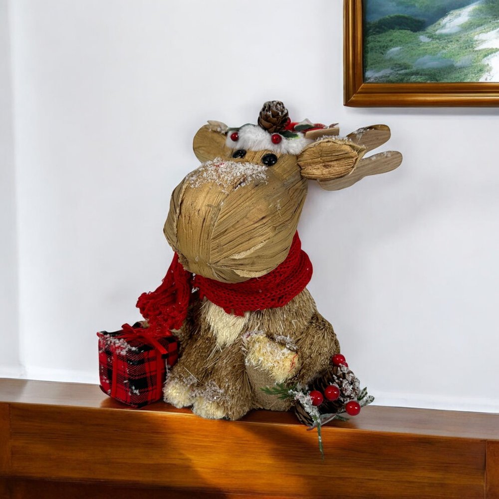 10" Brown Red And Green Straw Reindeer Christmas Reindeer Figurine HomeRoots