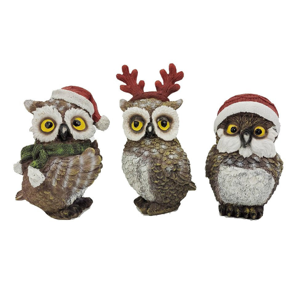Set of Three Brown White And Red Resin Owl Figurine HomeRoots