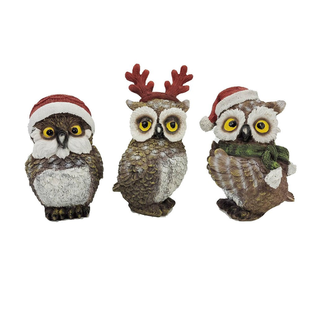 Set of Three Brown White And Red Resin Owl Figurine HomeRoots